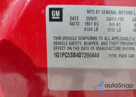 2013 Chevrolet Cruze 1Lt Auto z USA, uszkodzony, nr VIN 1G1PC5SB4D7290444